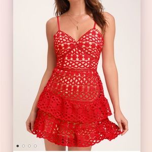 Lulu’s Beauty and Lace Red and Nude Crochet Lace Mini Dress
